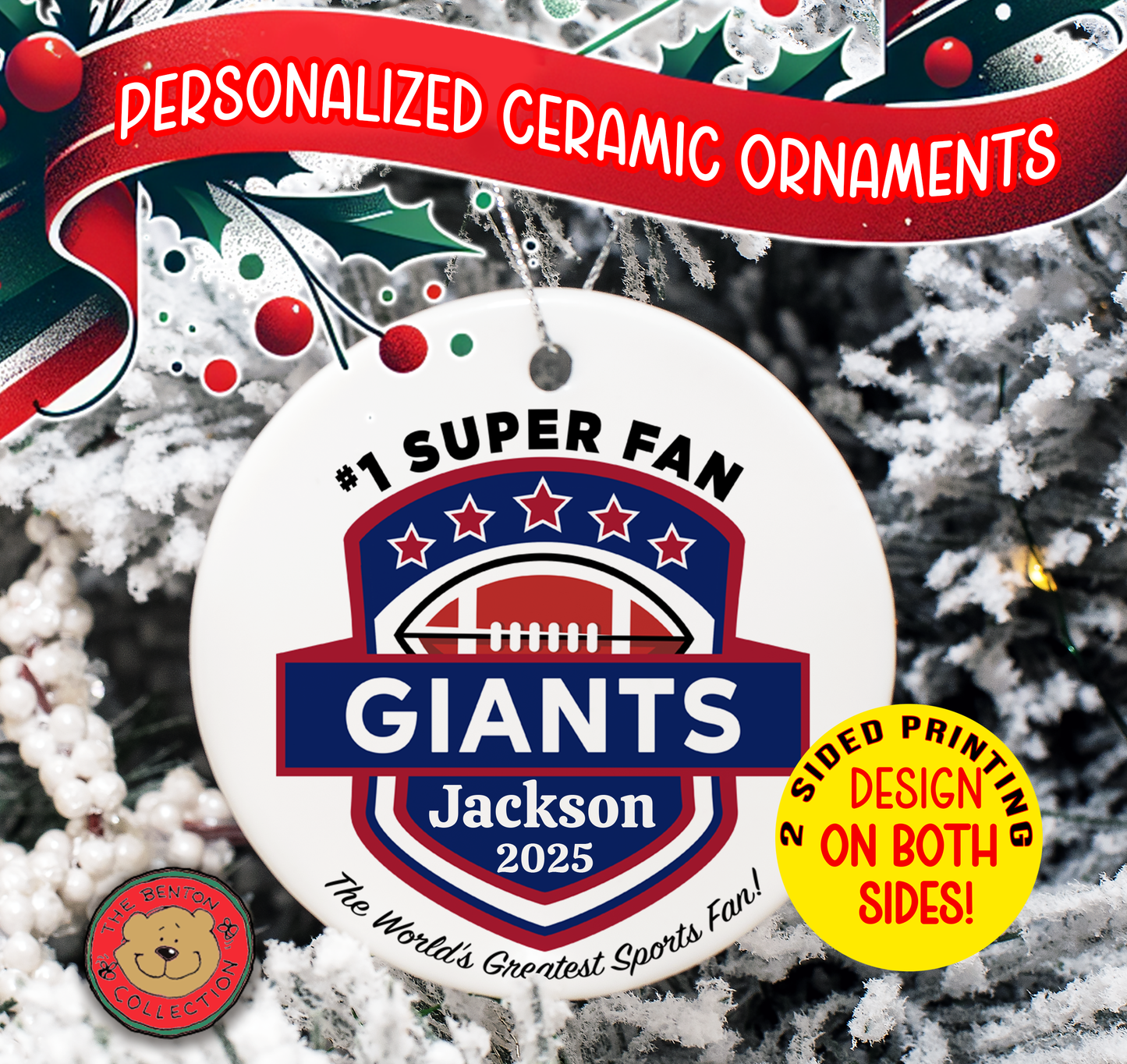 Giants Football Ornaments, Personalized Football Initial Ornament, 2025 Family Ornament, Christmas Keepsake, Custom 2-Side Print